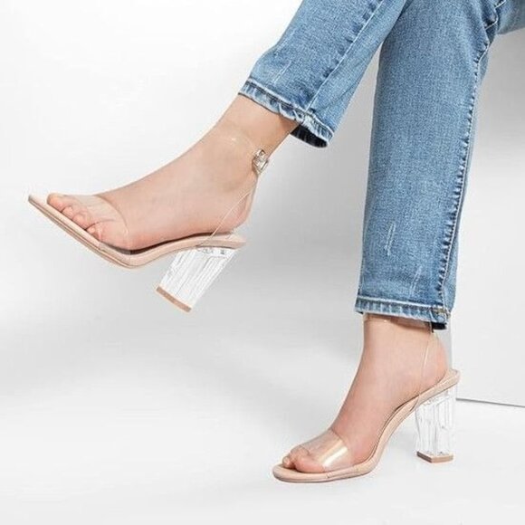 Clear Strap Heels Lucite Block Heel Transparent Sandals Size 10 ZriEy - Picture 3 of 7